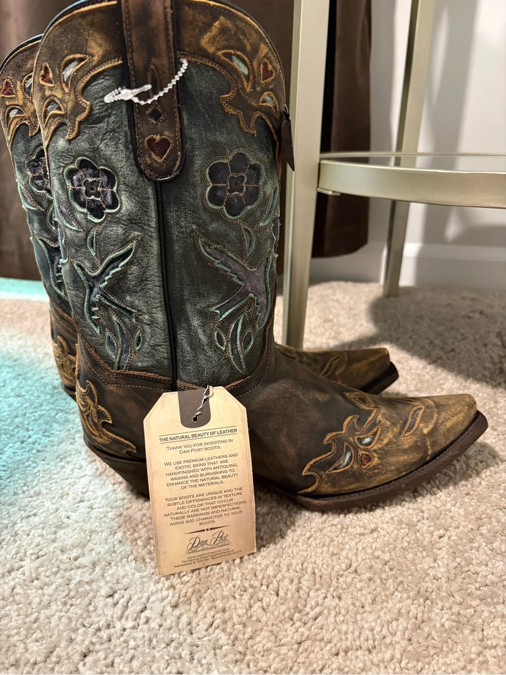 NWT Dan Post Indie Western Cowboy Leather Brown Turquoise Embroidered Size 11